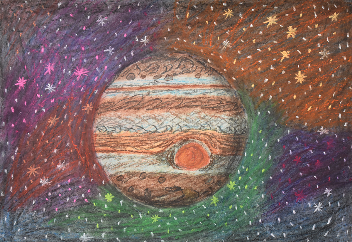 An oil pastel drawing of the planet Jupiter, surrounded by the stars and planets of the Milky Way.