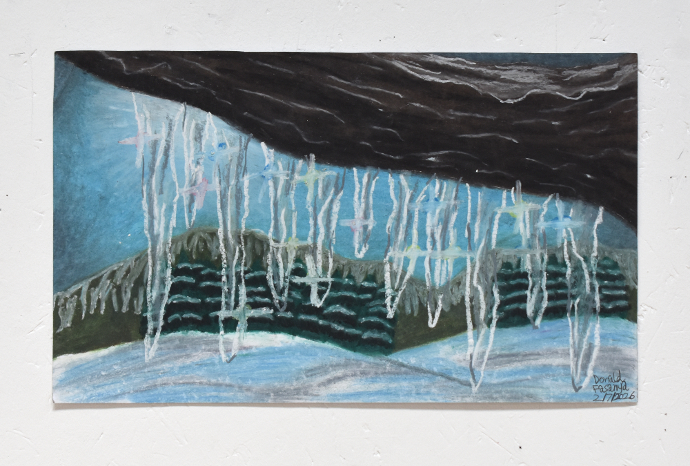 An oil pastel drawing depicting a row of icicles hanging from a rock formation, with green rolling hills and a body of water in the backdrop.
