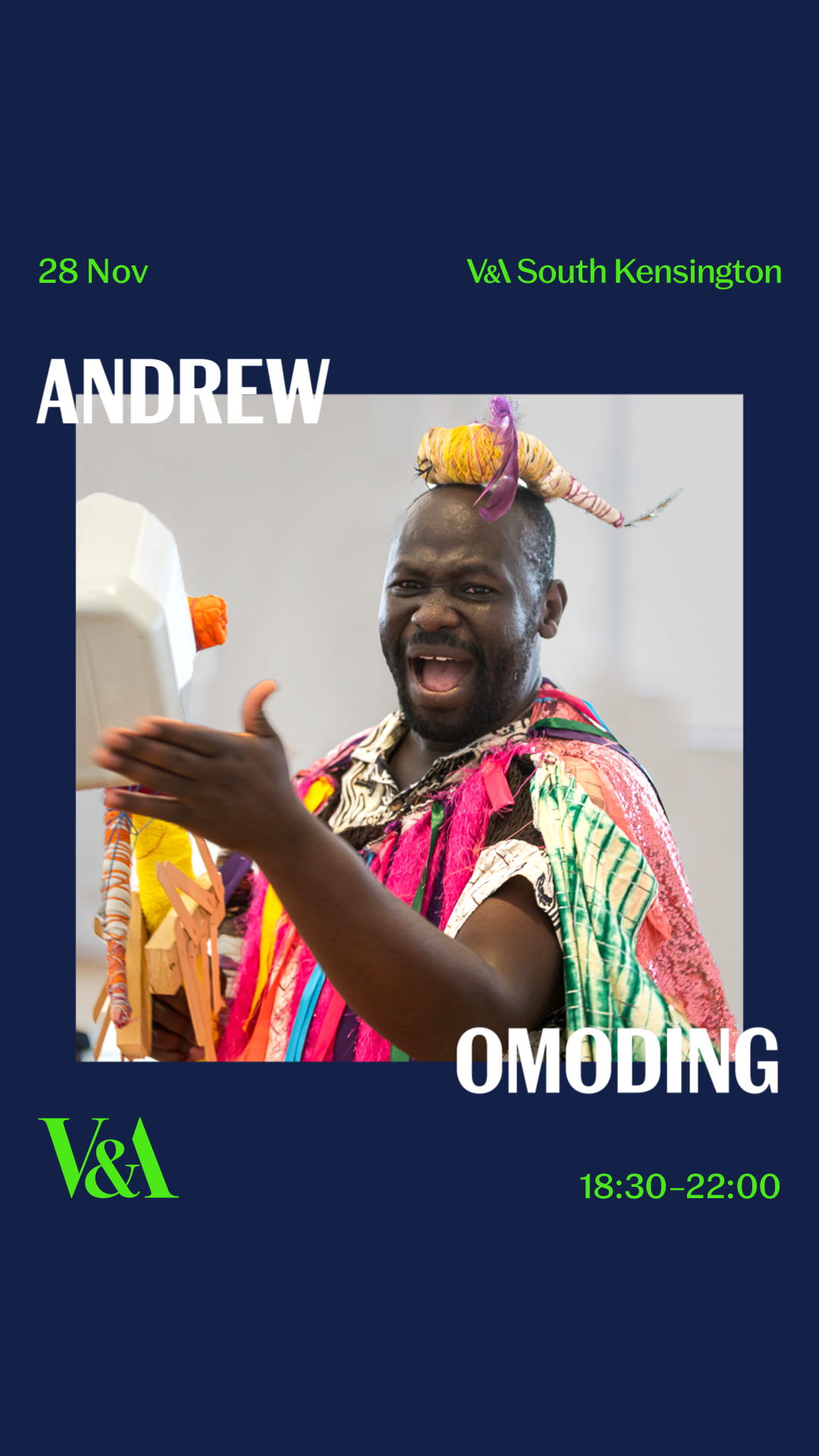 Andrew Omoding promotional image for V&A Friday Late workshop.