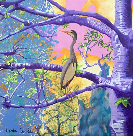 Heron perched on a cherry tree, 2022