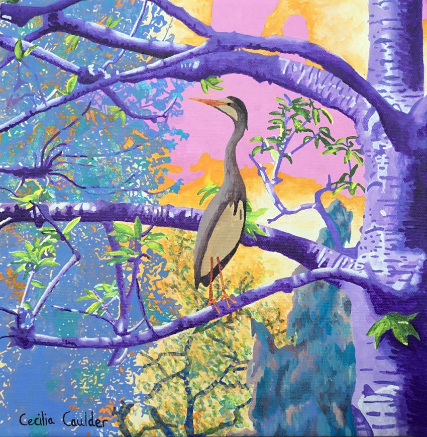 A bright painting of a heron perched on the branch of a cherry tree