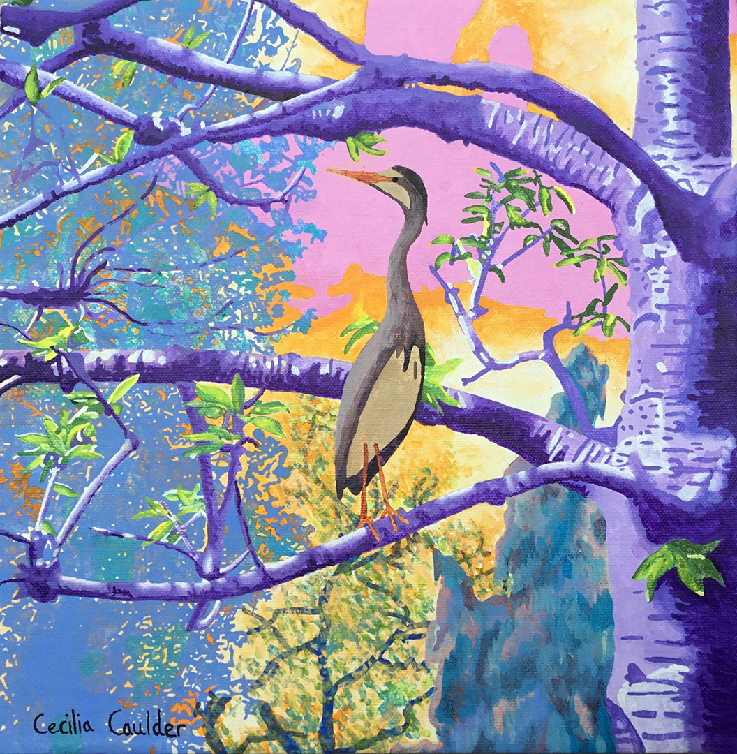 A bright painting of a heron perched on the branch of a cherry tree