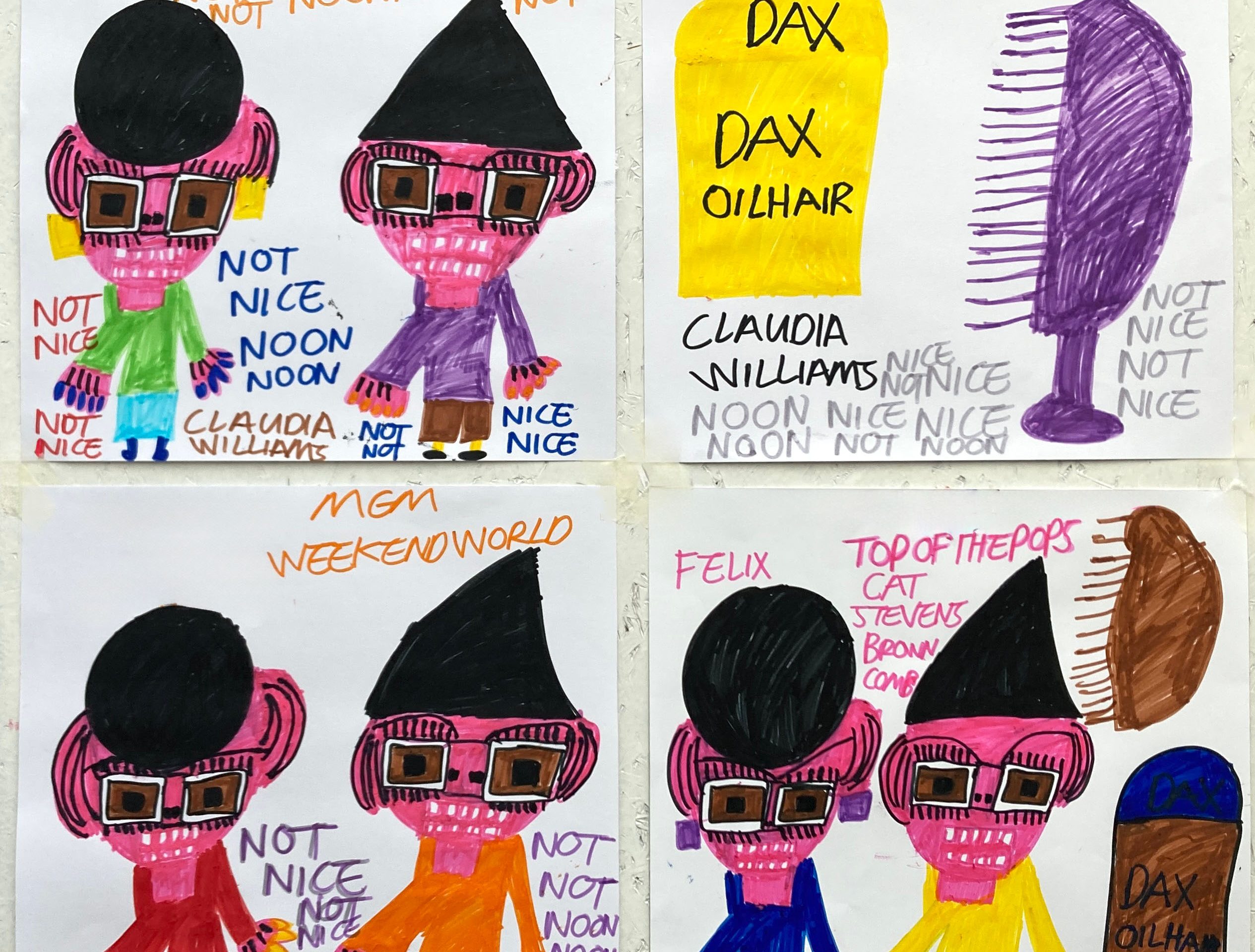 Four drawings by Claudia Williams arranged in a grid