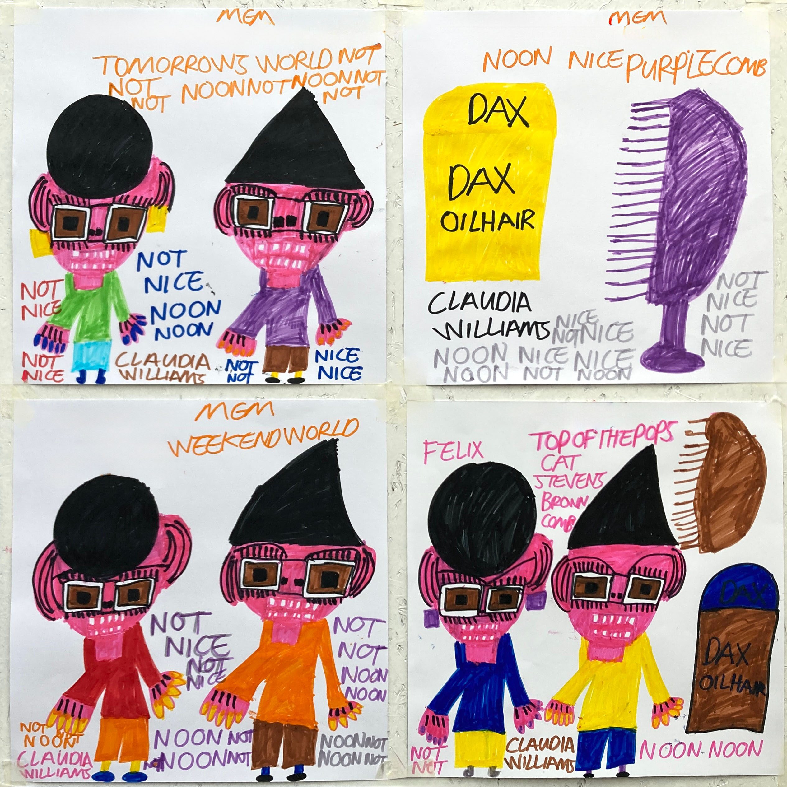 Four drawings by Claudia Williams arranged in a grid