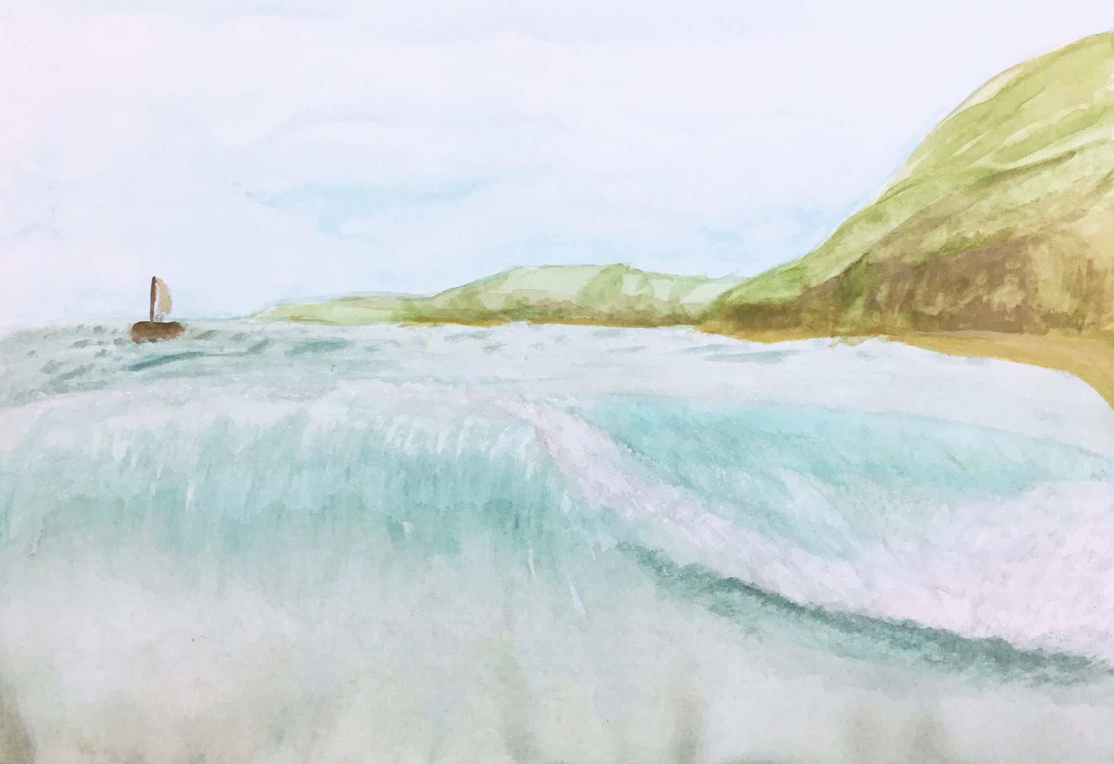 A watercolour painting of a sailing boat on water.
