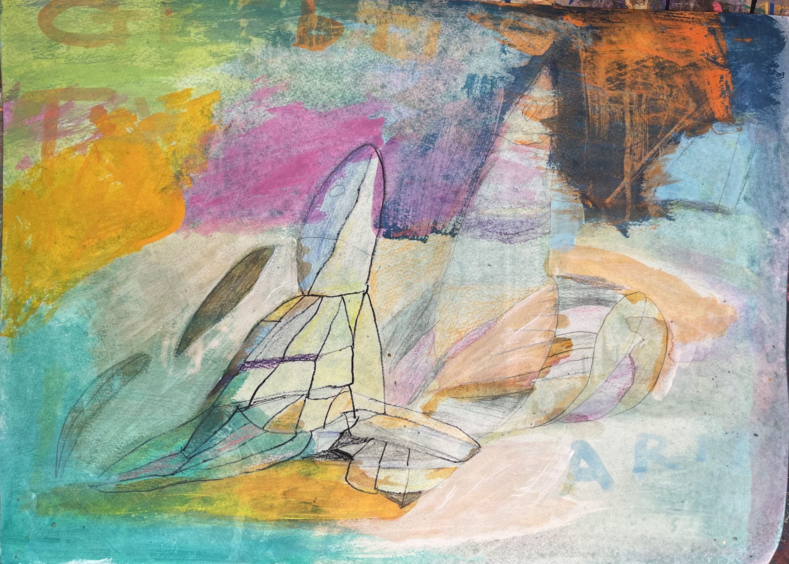 A colourful artwork in washed acrylic, watercolour, and pencil.