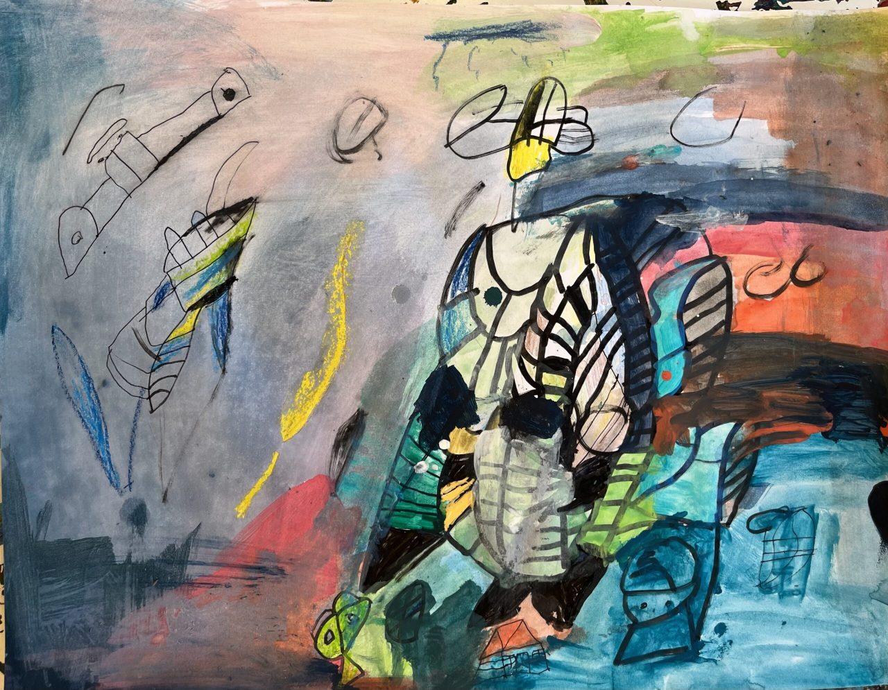 A colourful painting inspired by outer space.