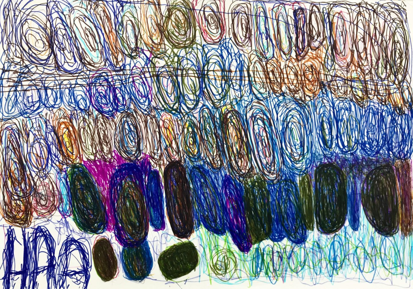 A colourful abstract drawing in pen, using circular patterns.
