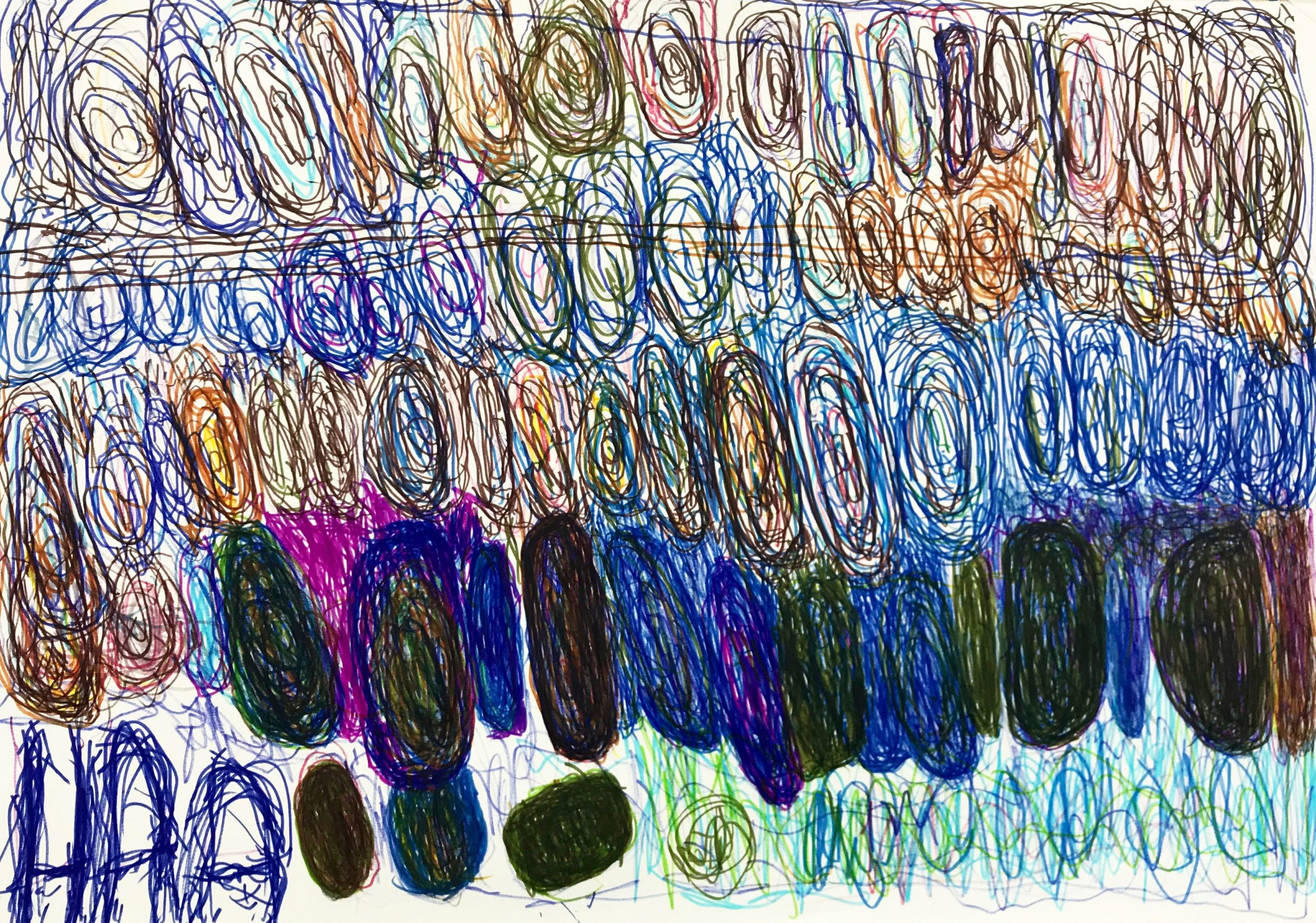 A colourful abstract drawing in pen, using circular patterns.