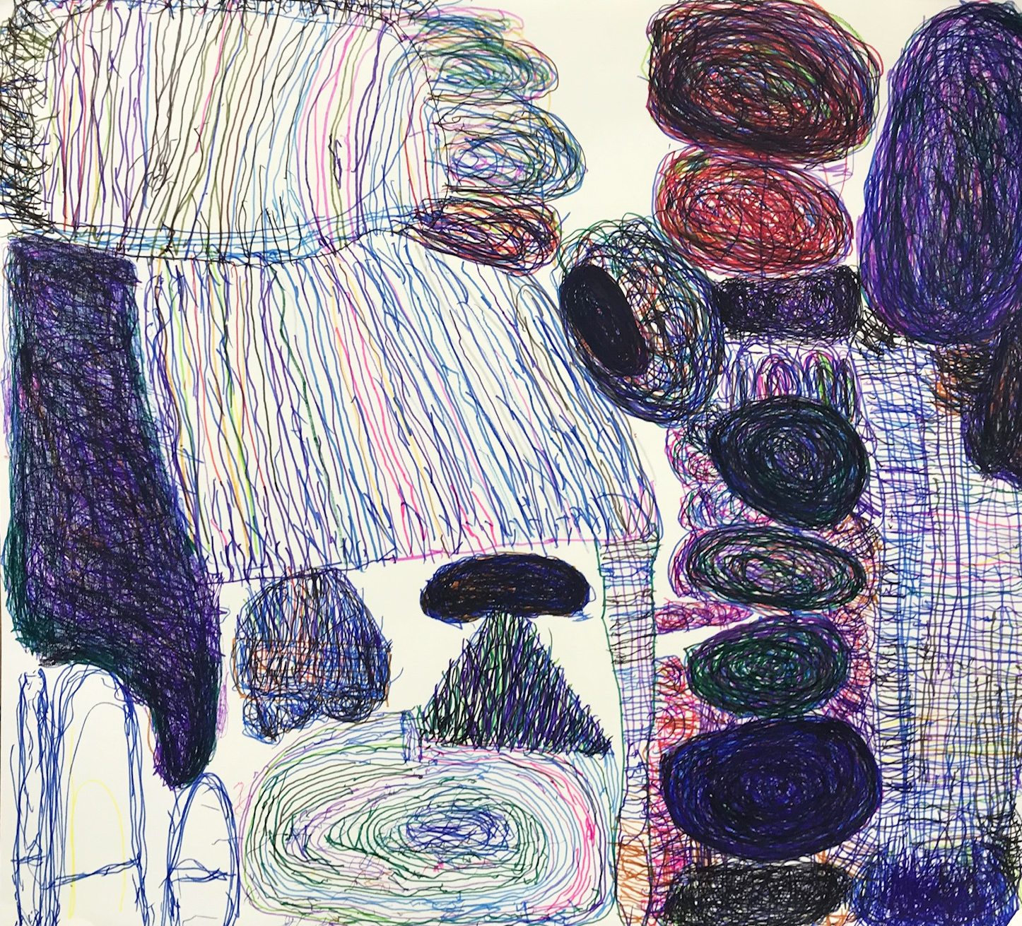 A colourful abstract drawing in pen, using circular patterns.