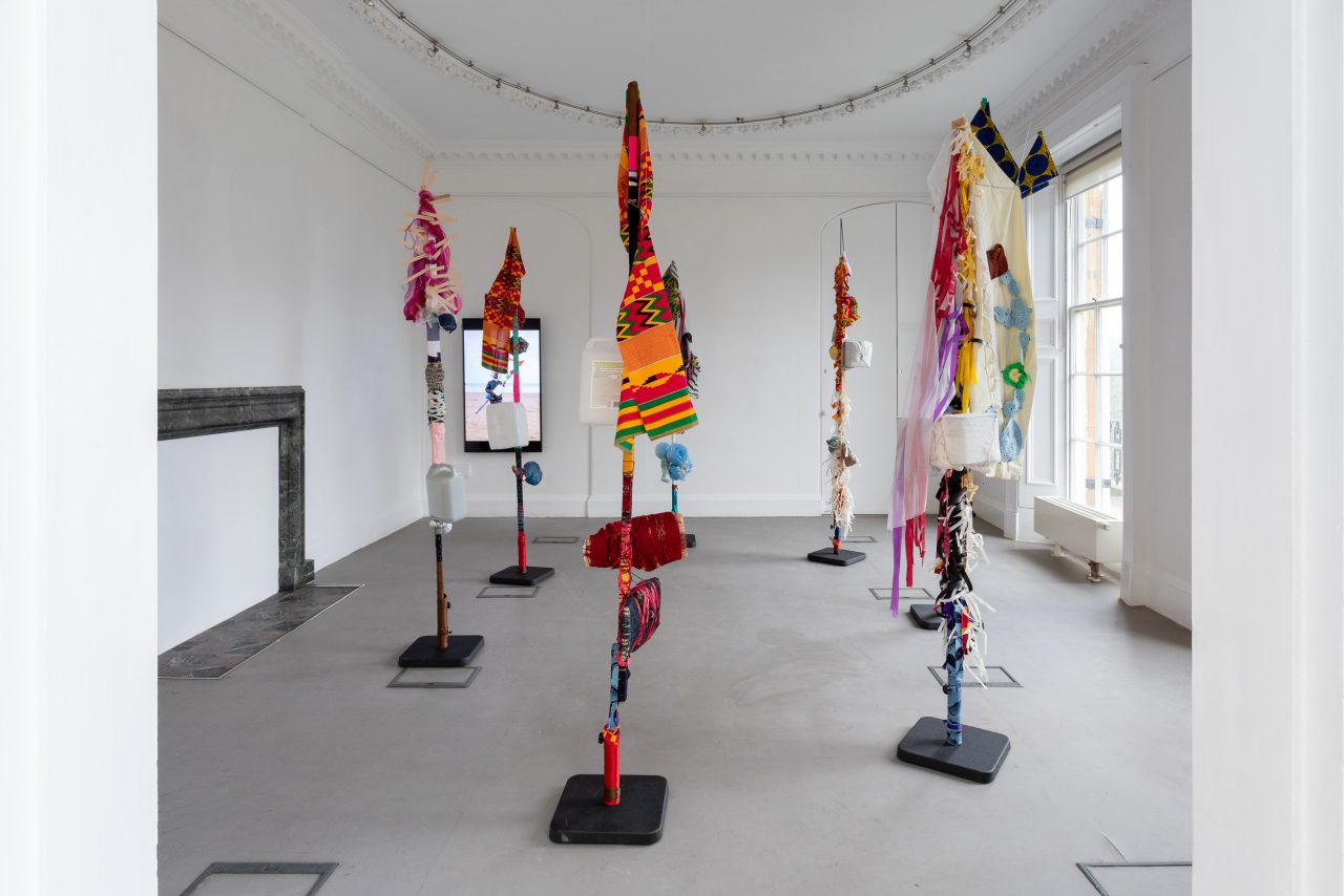 An installation of textiles sculptures in a gallery.