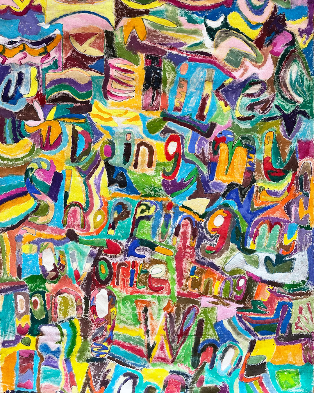 A painting by Sharon Adokorach with writing that says "I love doing my shopping. My favourite thing is doing what I want"
