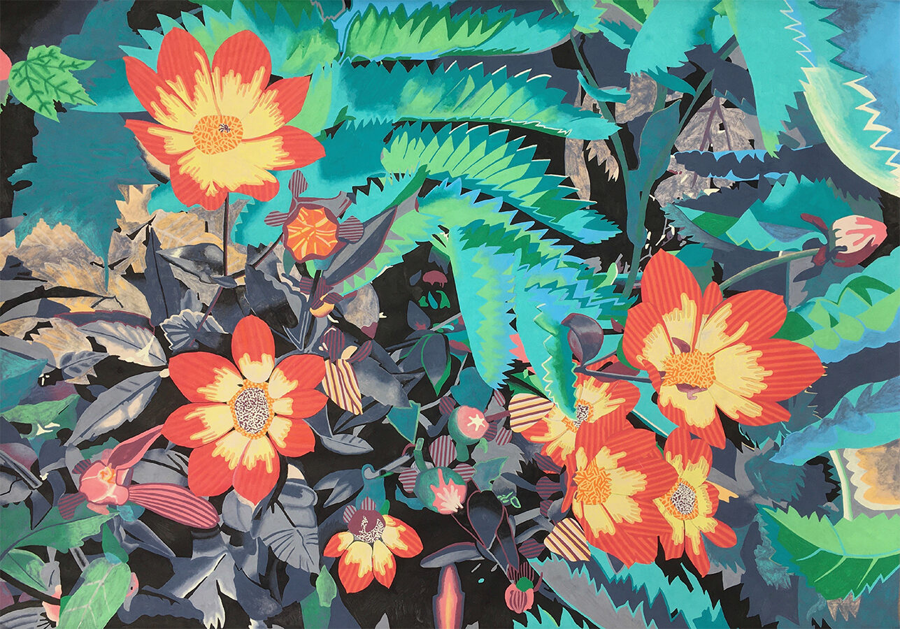 A brightly coloured painting of dahlias, surrounded by foliage.