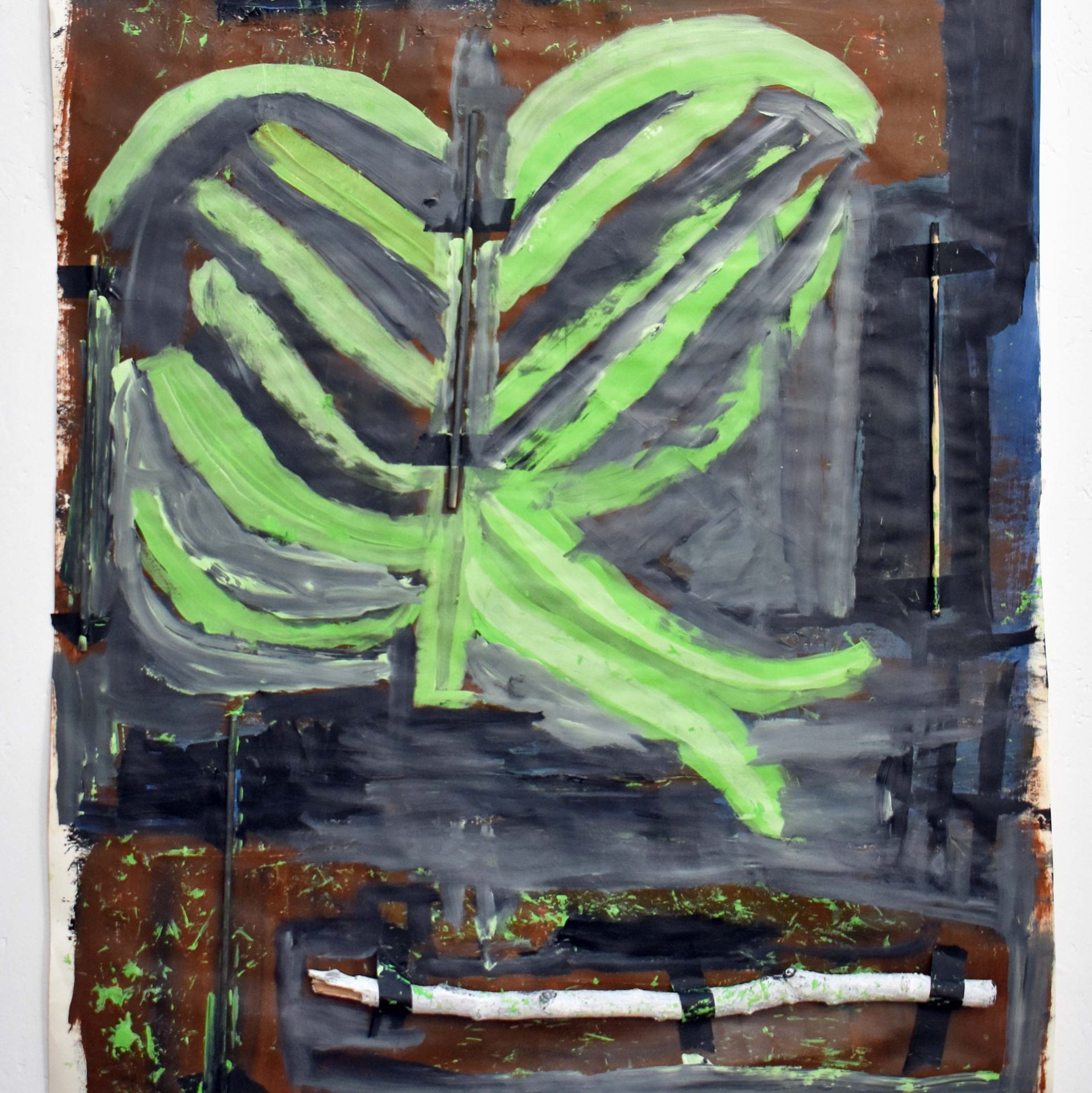 A small, abstract, portrait painting. A large, bright green, leafy plant bursts through dark brown and blue. One thin, long stick is taped horizontally across the bottom and another vertically to the right.