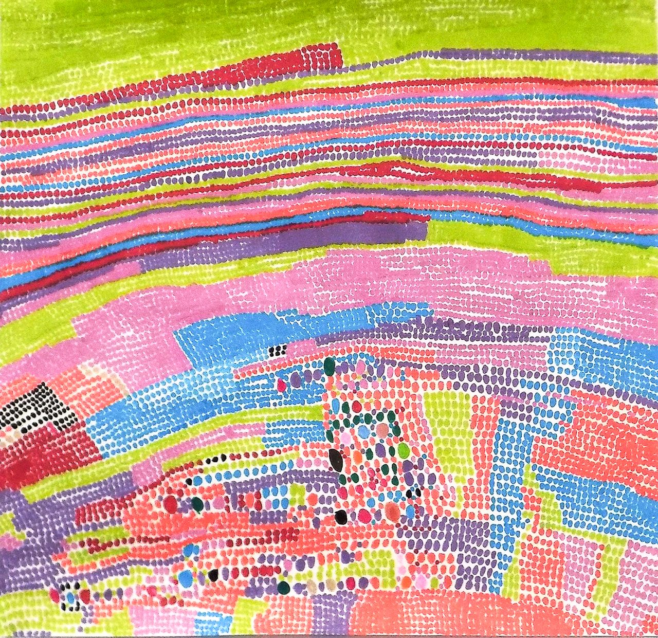 An abstract drawing in pen on paper, using colourful circles.