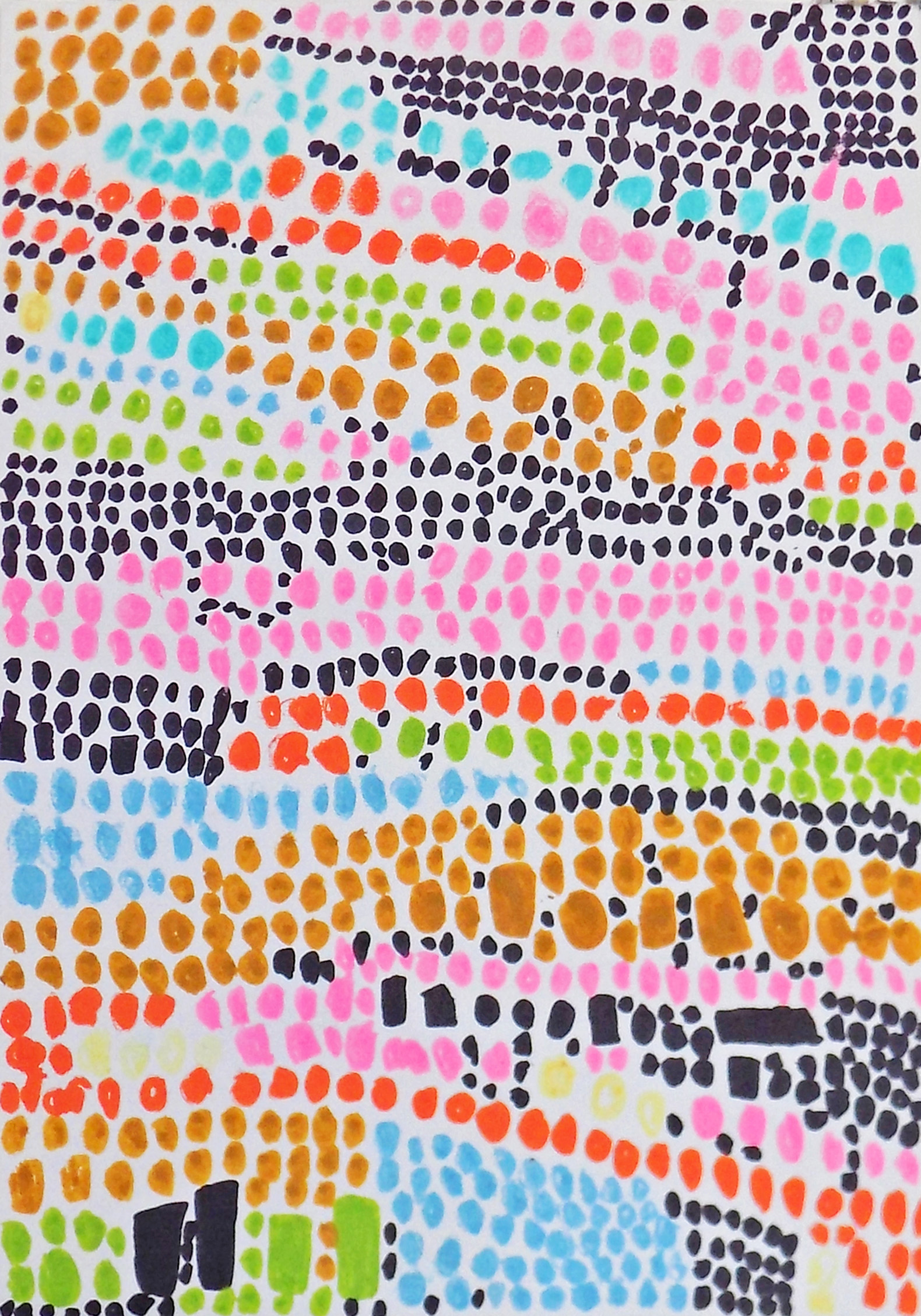 An abstract drawing in pen on paper, using colourful circles.