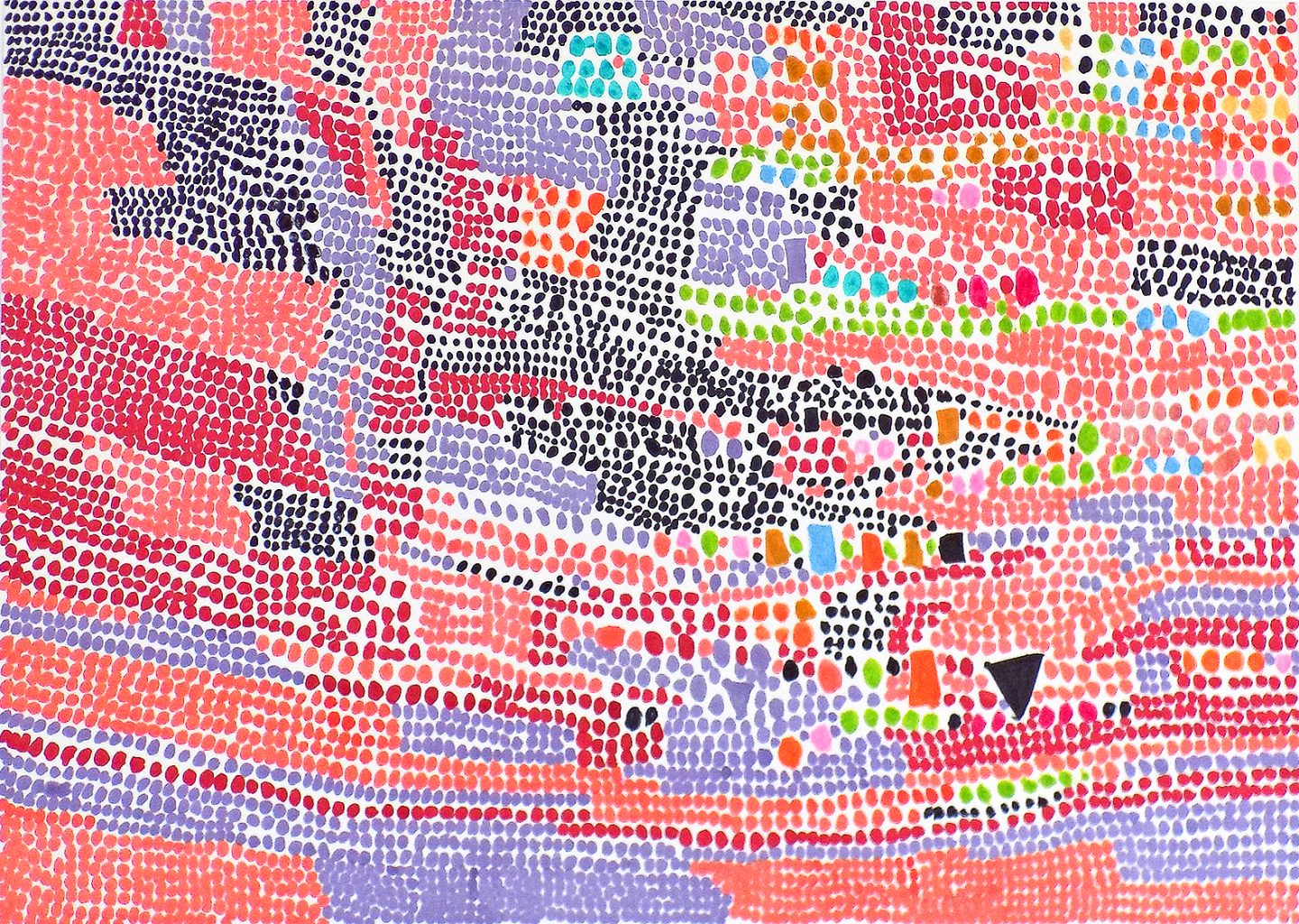 An abstract drawing in pen on paper, using colourful circles.