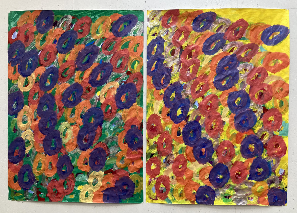 Two large abstract paintings by Kwaga Sillingi.
