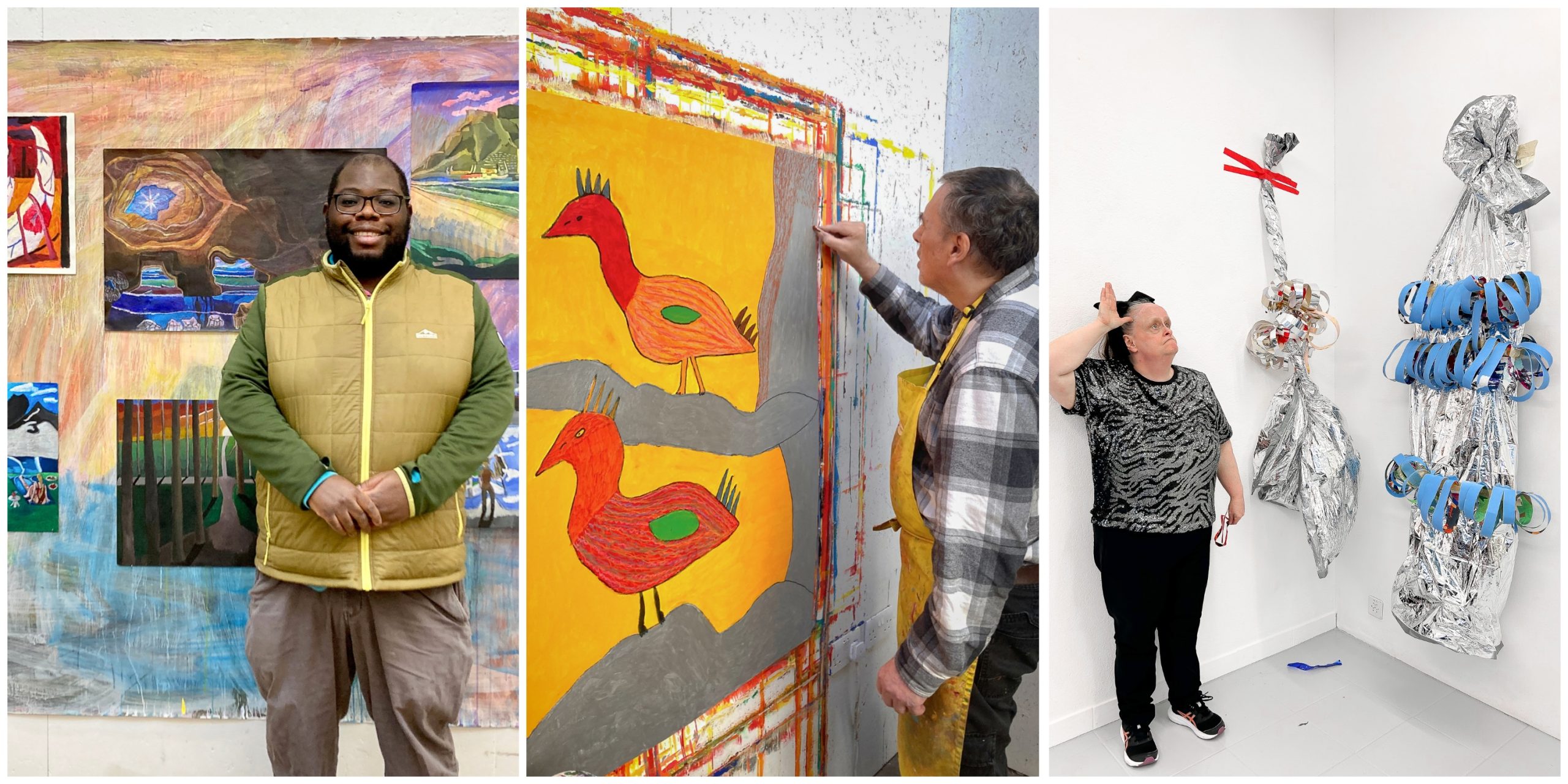 A collage of images, Immanuel Adelowo standing in front of one of his paintings, artist Robin Smith working on one of his paintings and artist Linda Bell standing with two of her sculptures.