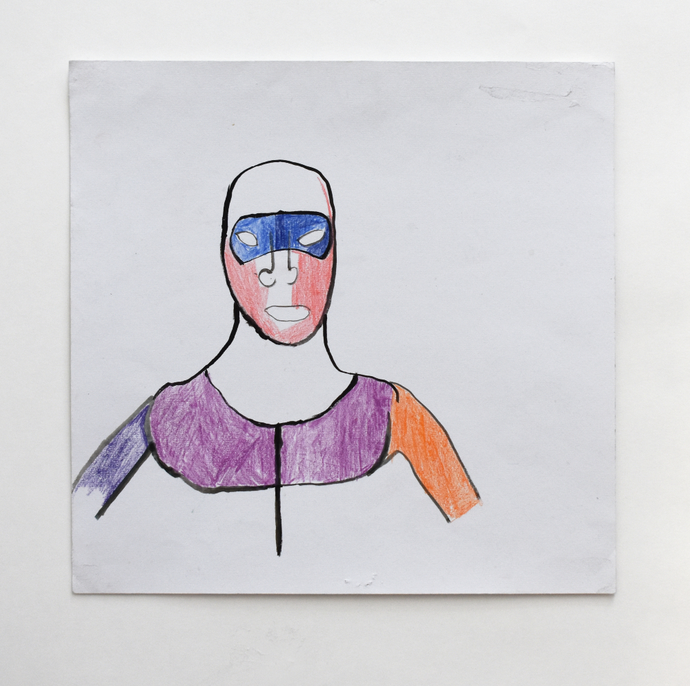 A pen and pencil drawing of a superhero wearing a blue mask and purple and orange clothes