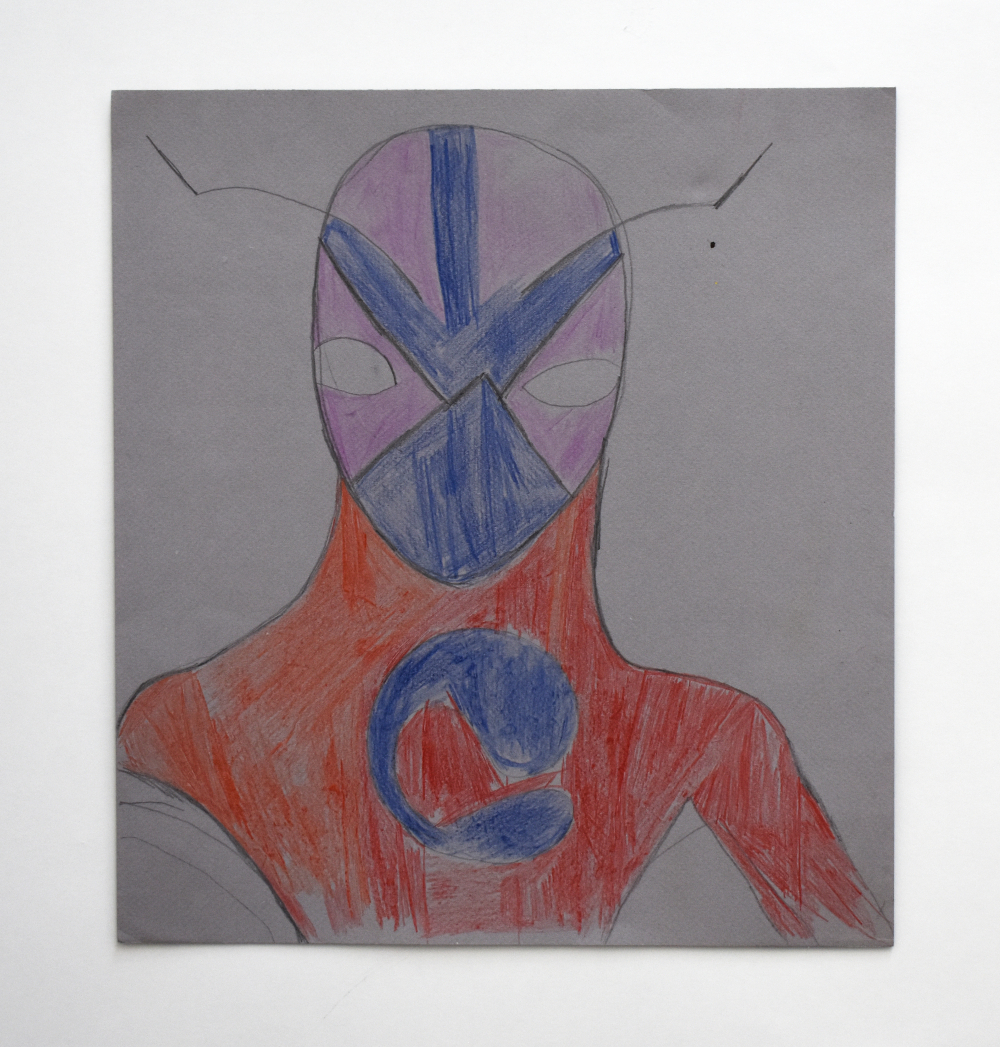 A pencil drawing of a superhero in a mask wearing an orange outfit.