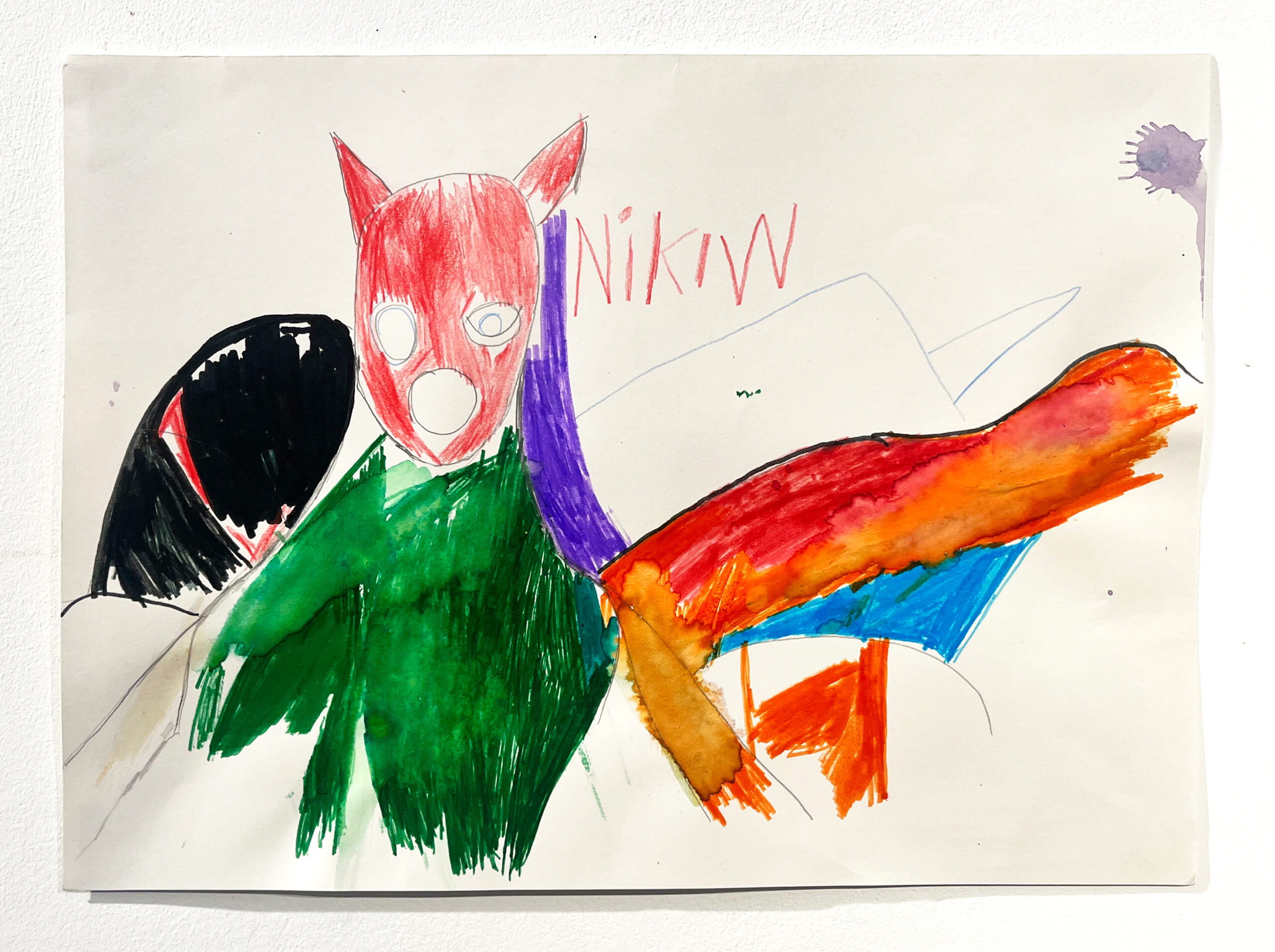 Mixed media painting of a person in a red superhero mask and green outfit amongst some abstract shapes in the background.