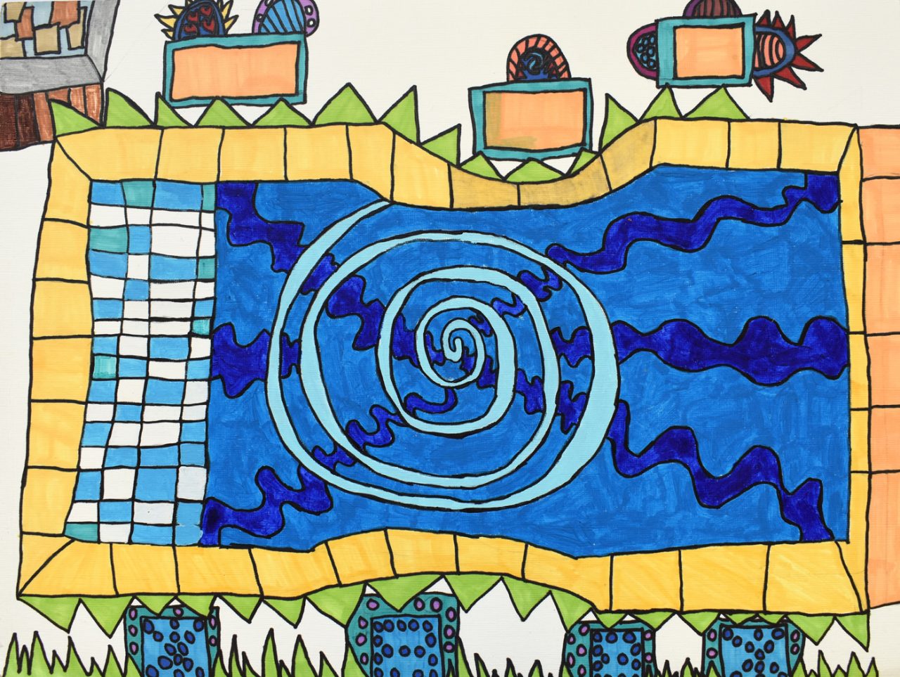 A painting of a swimming pool.