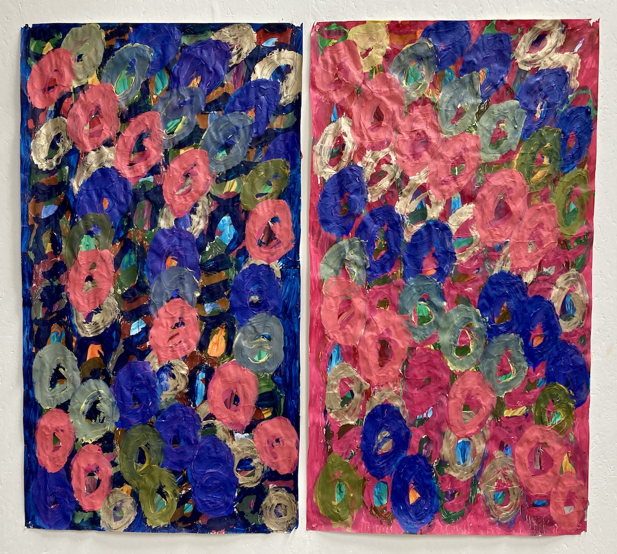 Two abstract paintings by Kwaga Sillingi.