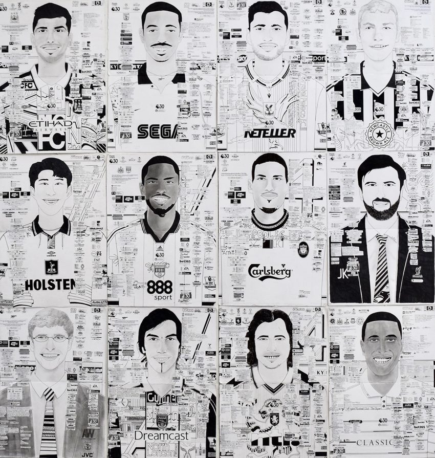 A 12 x 12 grid of black and white drawings and collages of premier league footballers
