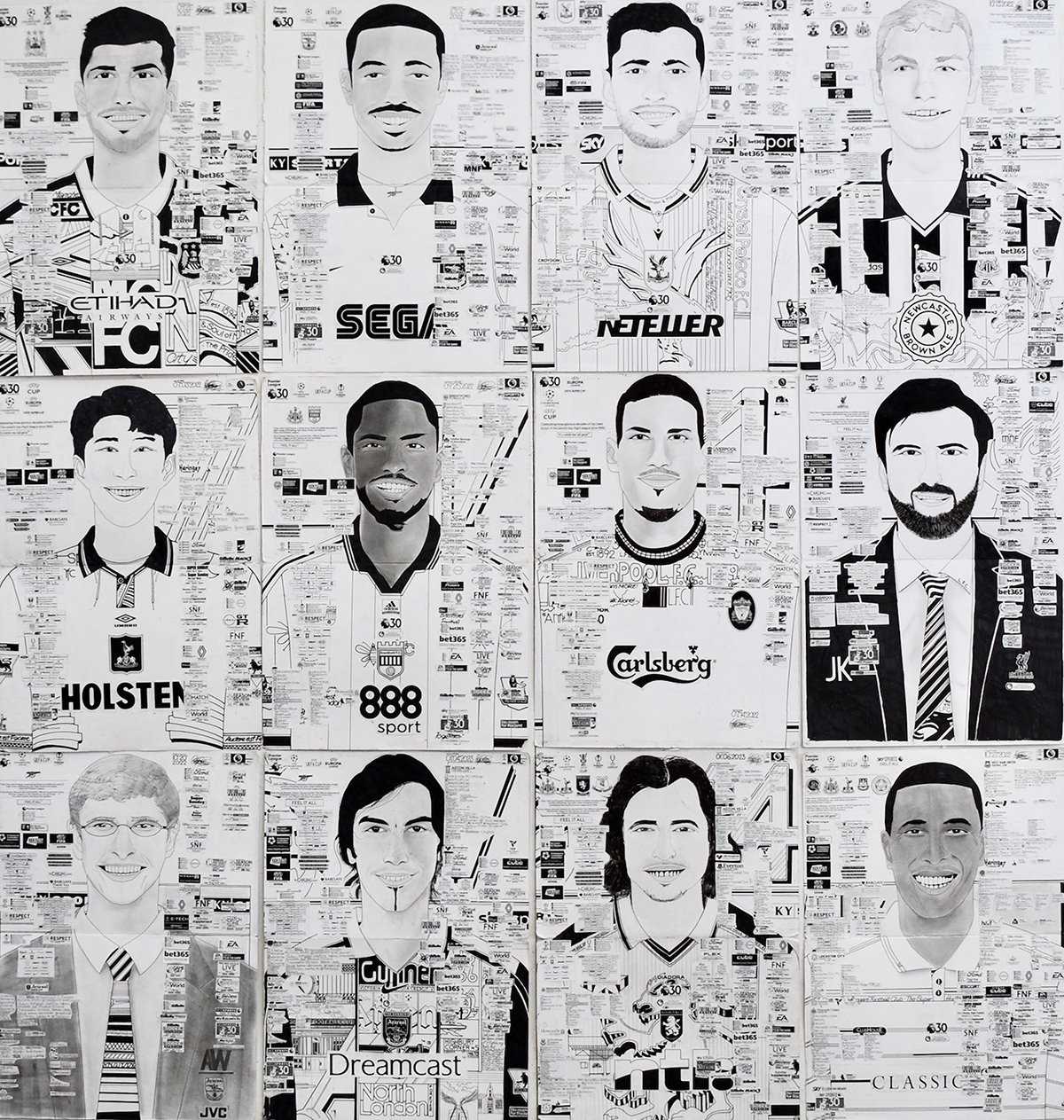 A 12 x 12 grid of black and white drawings and collages of premier league footballers