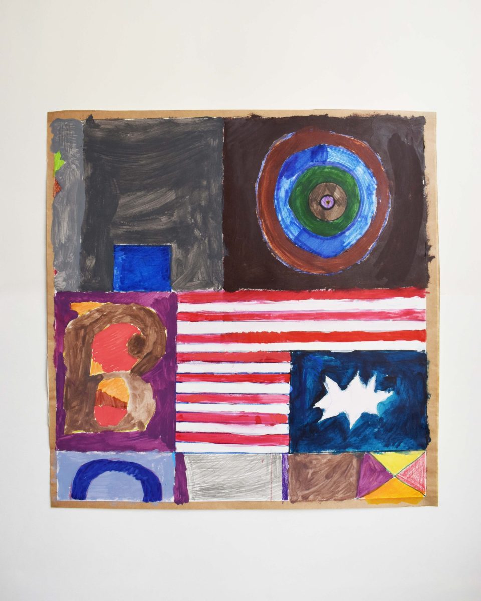 Rethink Rauchen bag, 2024. Acrylic paint, oil pastel on paper, 570 x 580 mm. Image courtesy of the Artist and ActionSpace.