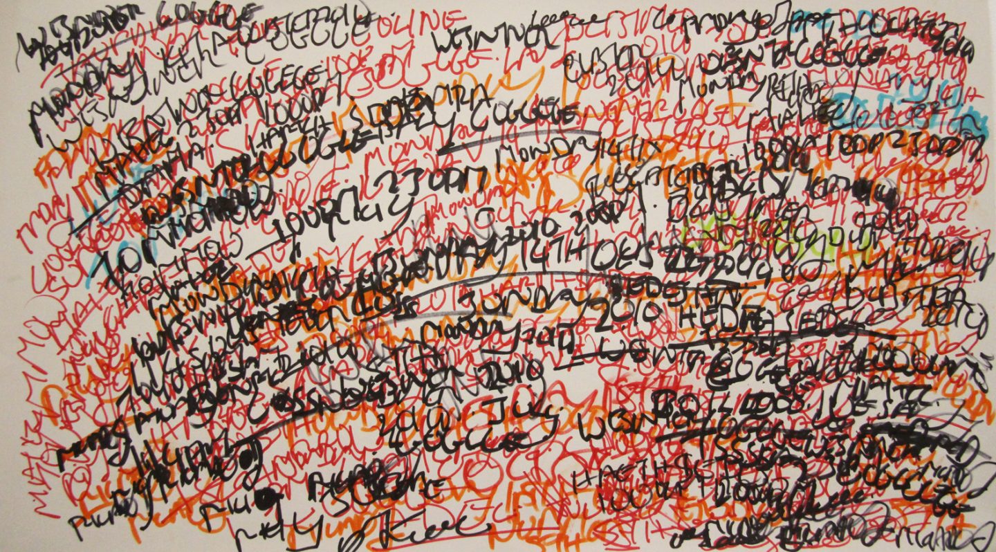 An abstract drawing of layered colourful markings on paper.