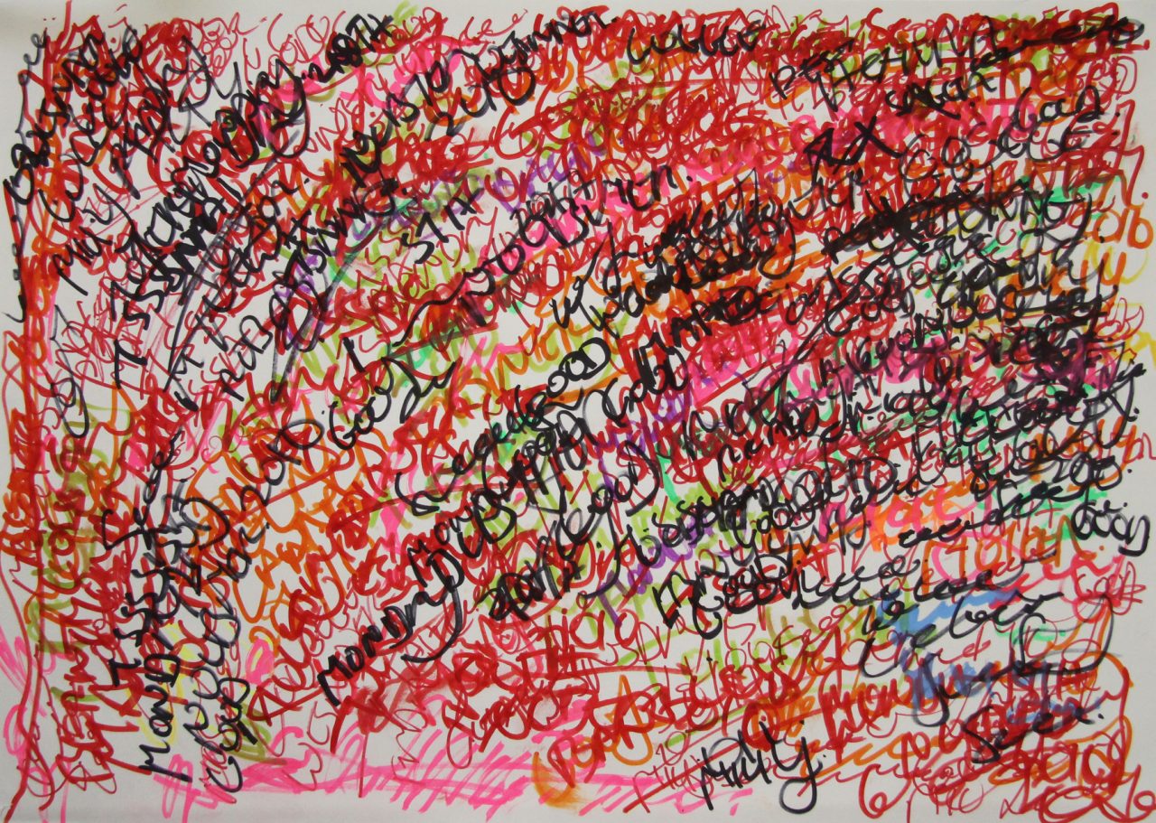 An abstract drawing of layered colourful markings on paper.