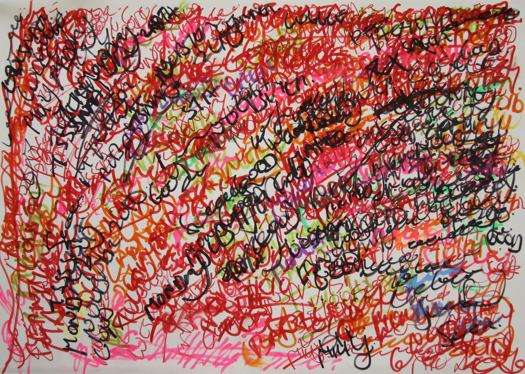 An abstract drawing of layered colourful markings on paper.