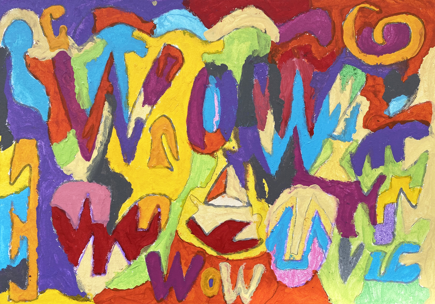 An abstract multicoloured painting in acrylic on wood.