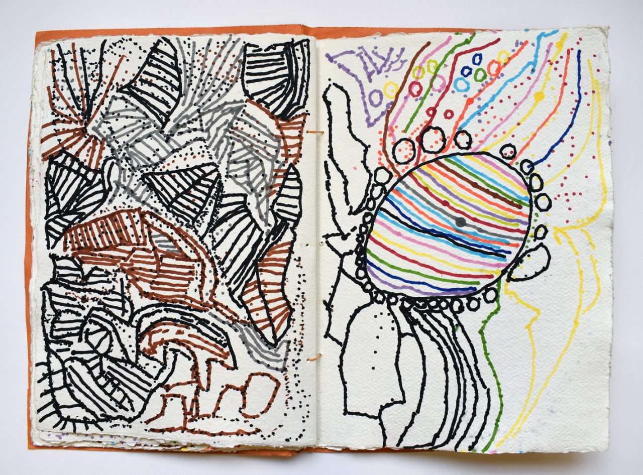A sketchbook laying open. The pages are filled with colourful drawings in pen.
