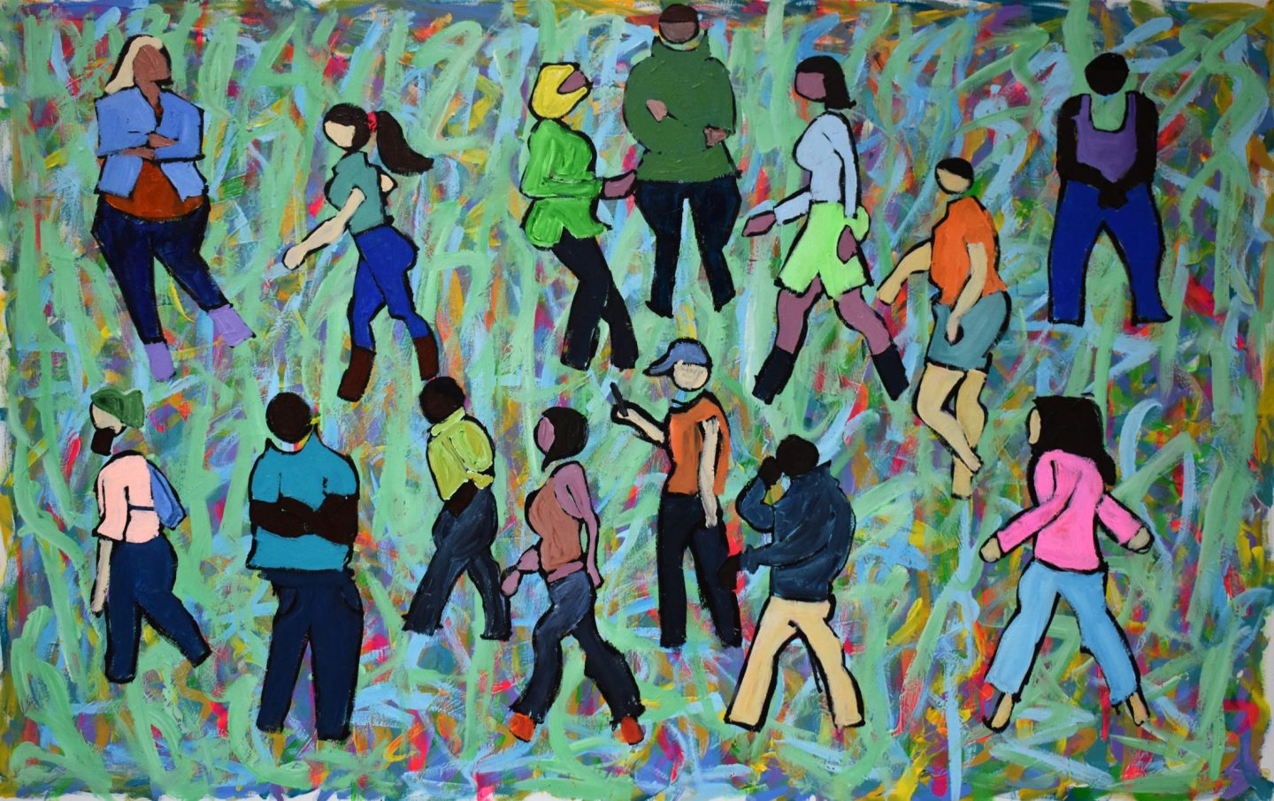 An abstract painting of people walking.
