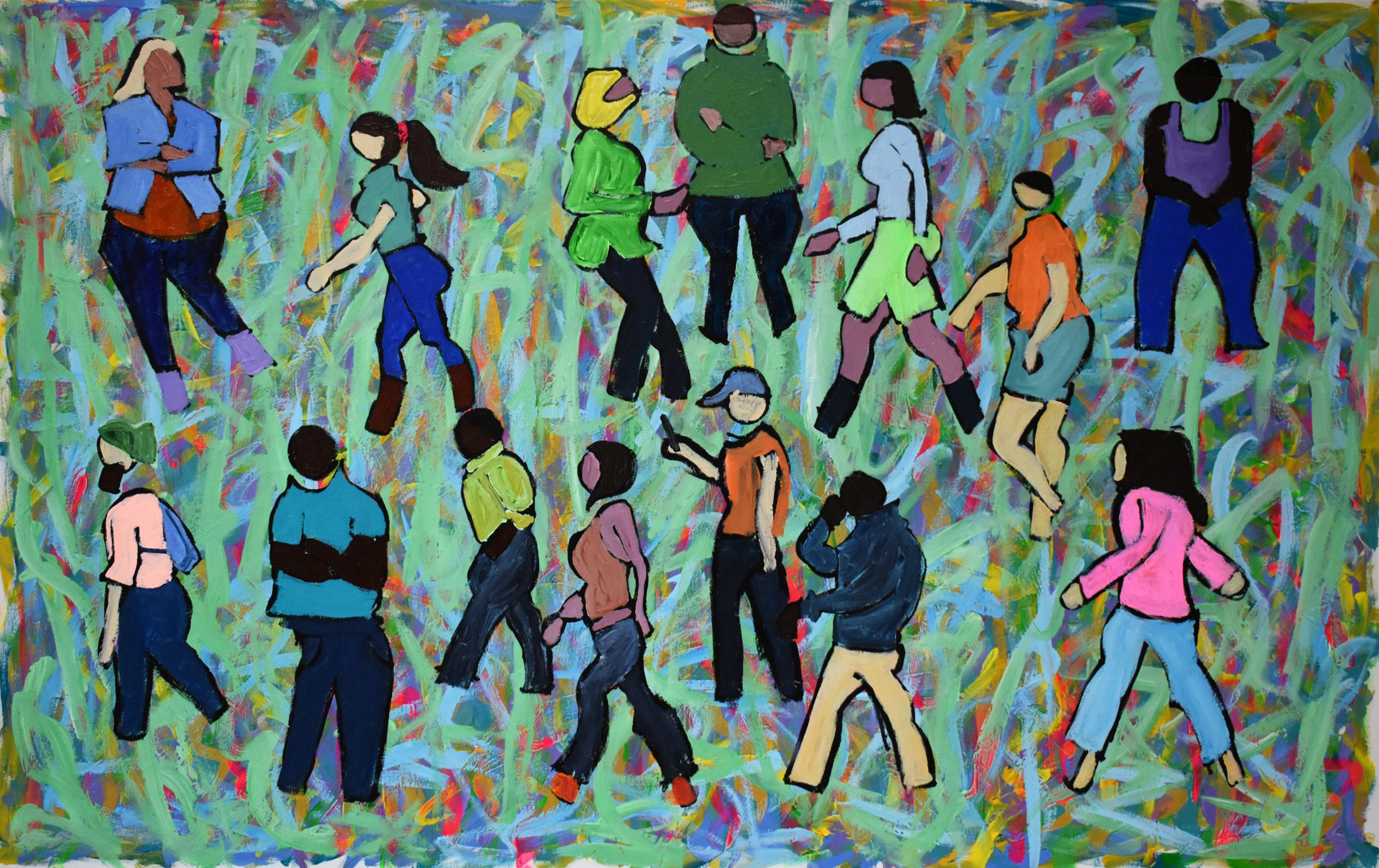 An abstract painting of people walking.