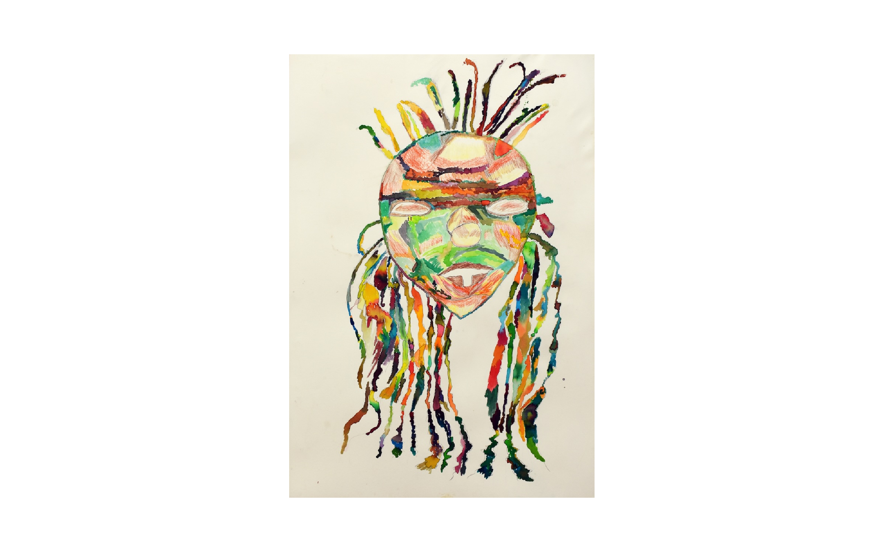 Ink and pencil on white paper depicting an ogoni mask in a semi abstract, colourful fashion.