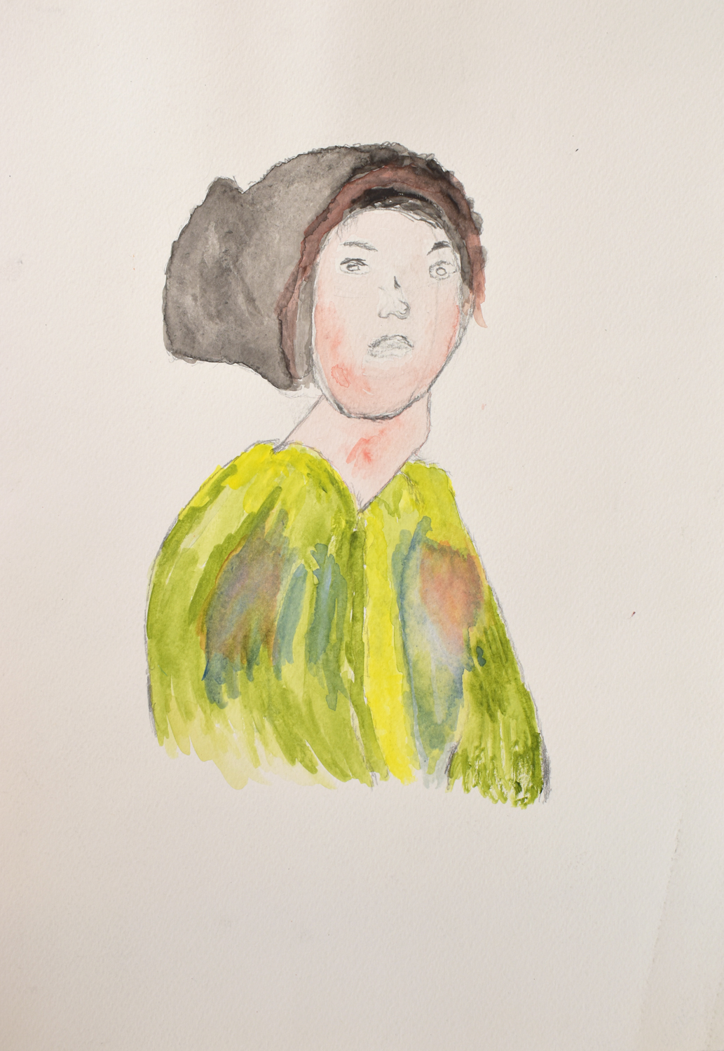 A drawing of a figure in colourful clothing.