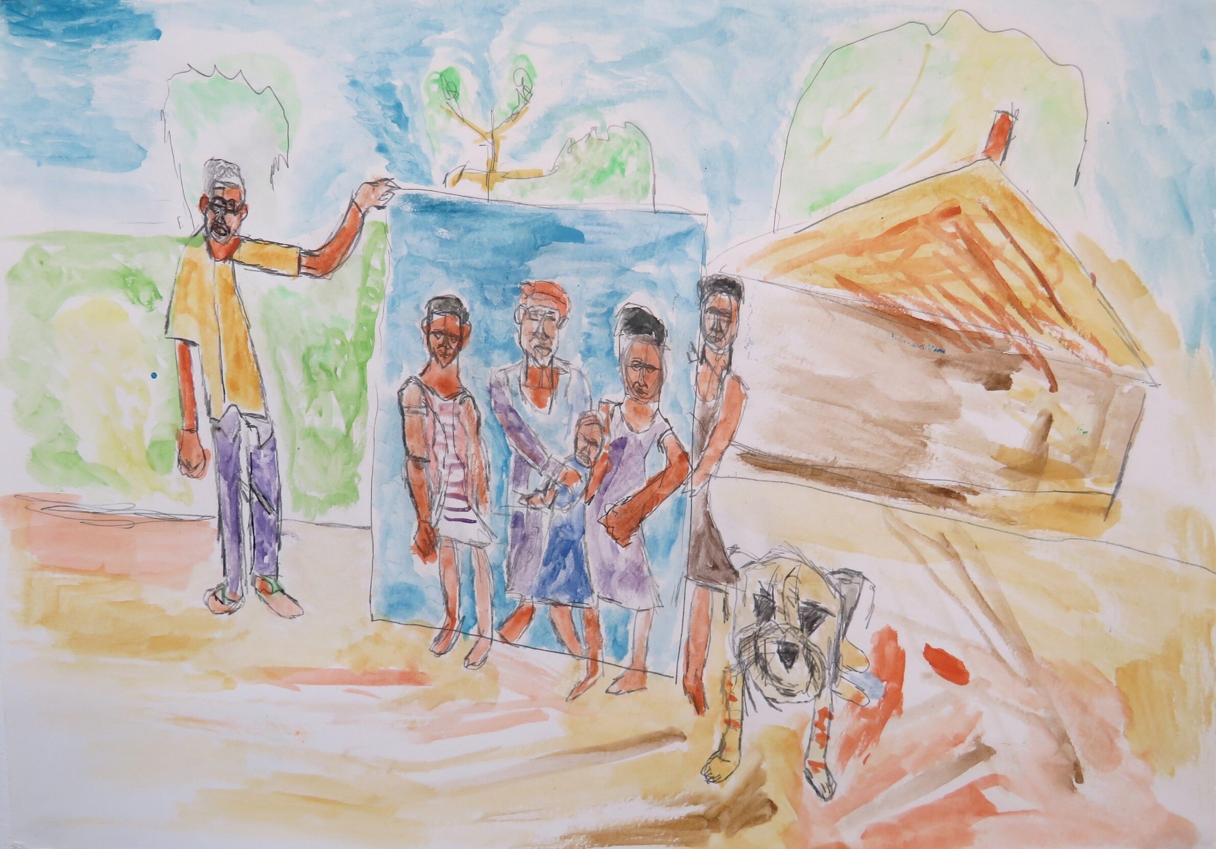 Water coloured painting of five people, a baby and a dog standing outside a house.