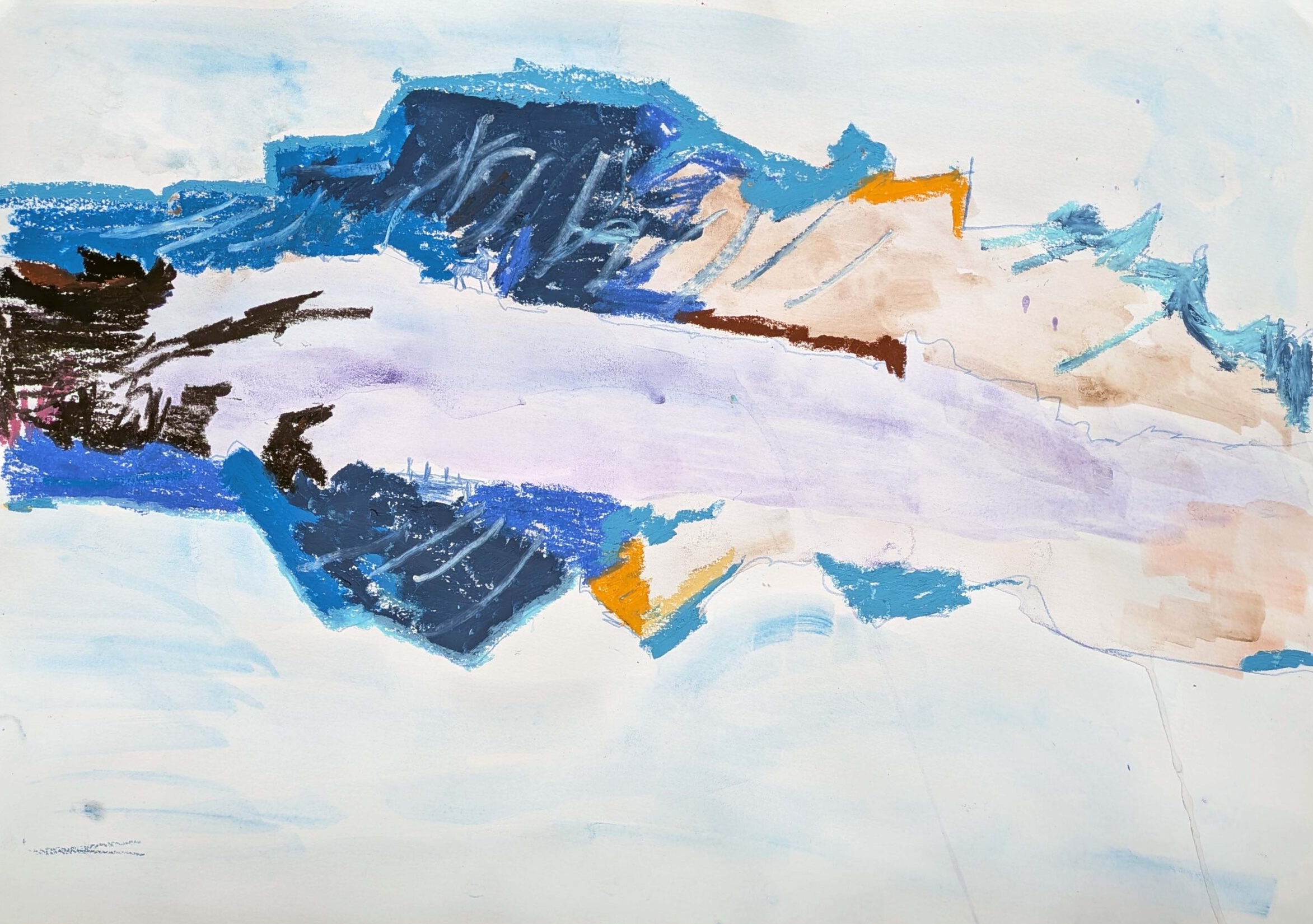 Abstract mixed media drawing of mountains.