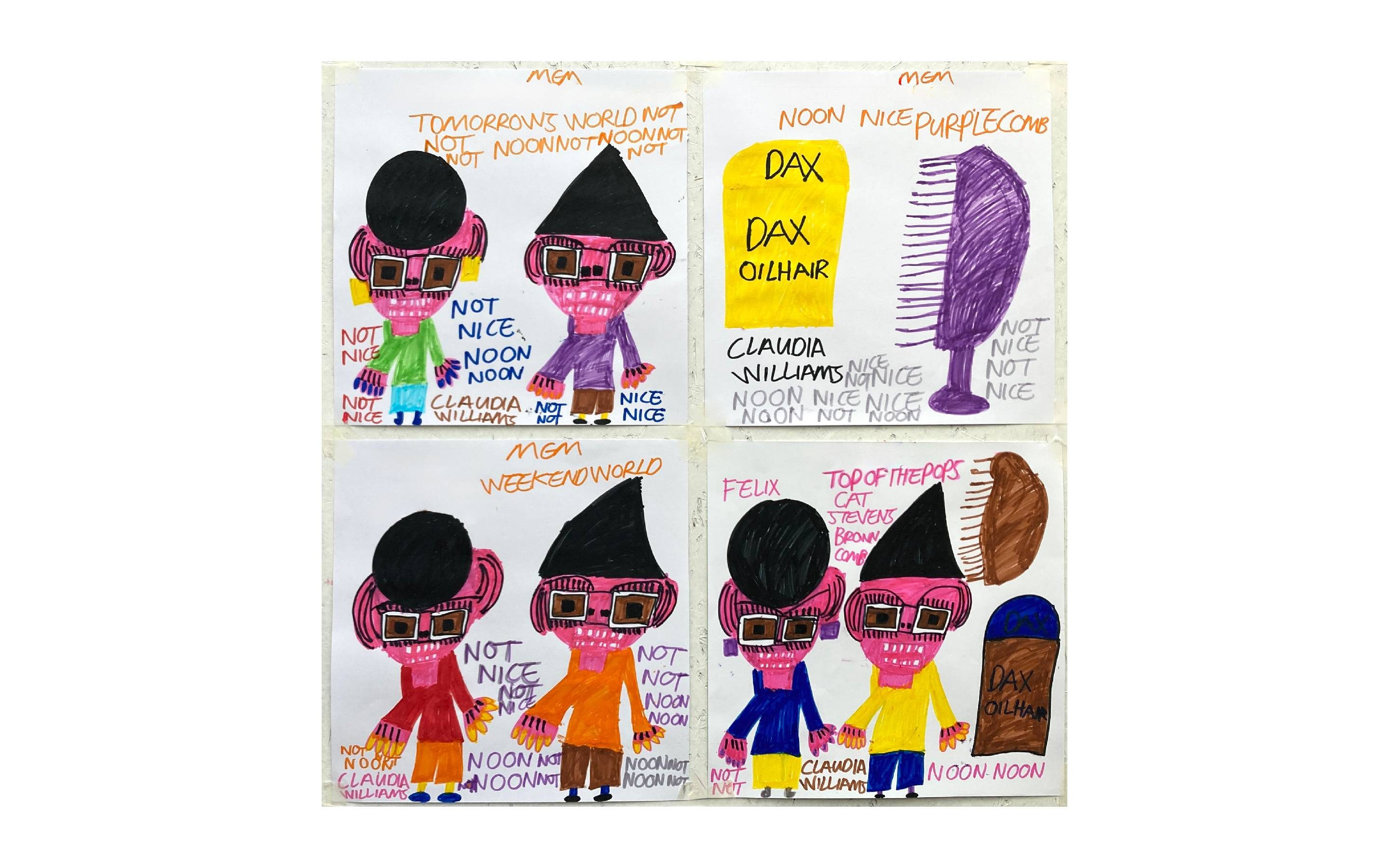 Four abstract square drawings hung on a white wall, capital text, funky characters and hair products drawn in marker.