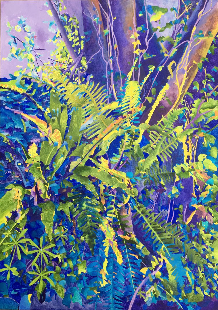 A bright painting of ferns in a hedgerow.