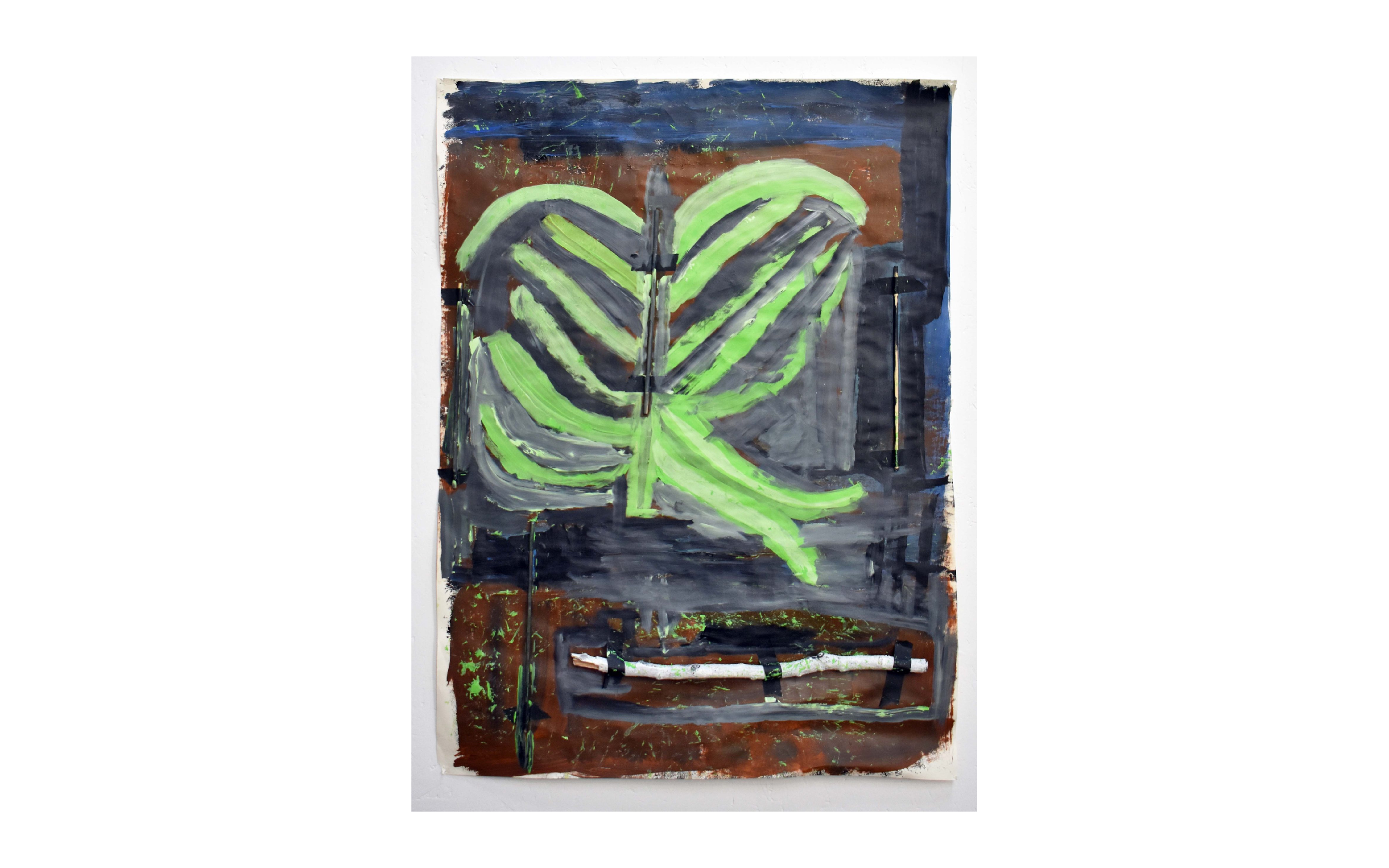 A small, abstract, portrait painting. A large, bright green, leafy plant bursts through dark brown and blue. One thin, long stick is taped horizontally across the bottom and another vertically to the right.