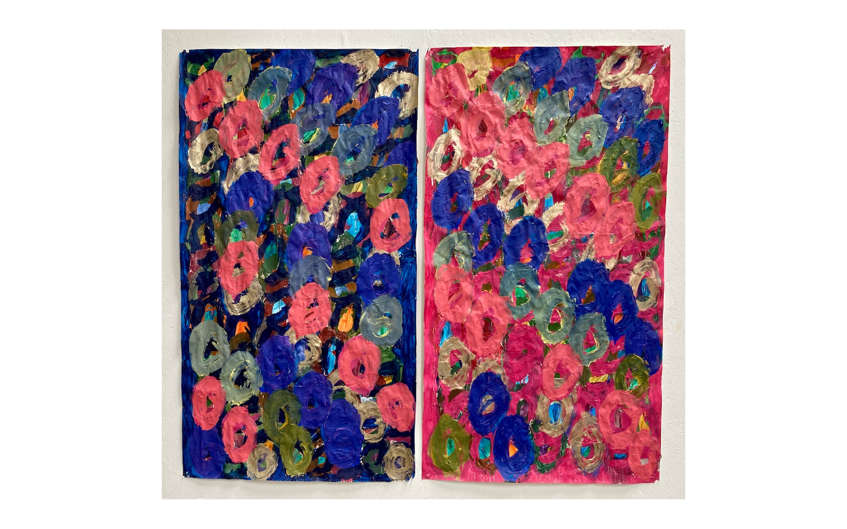 Two abstract paintings by Kwaga Sillingi.