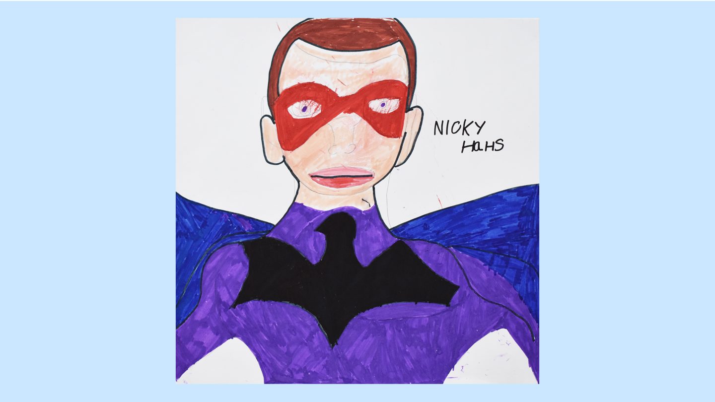 Image of a superhero wearing a red mask. The artists' name Nicky Harris is written to the right hand side.