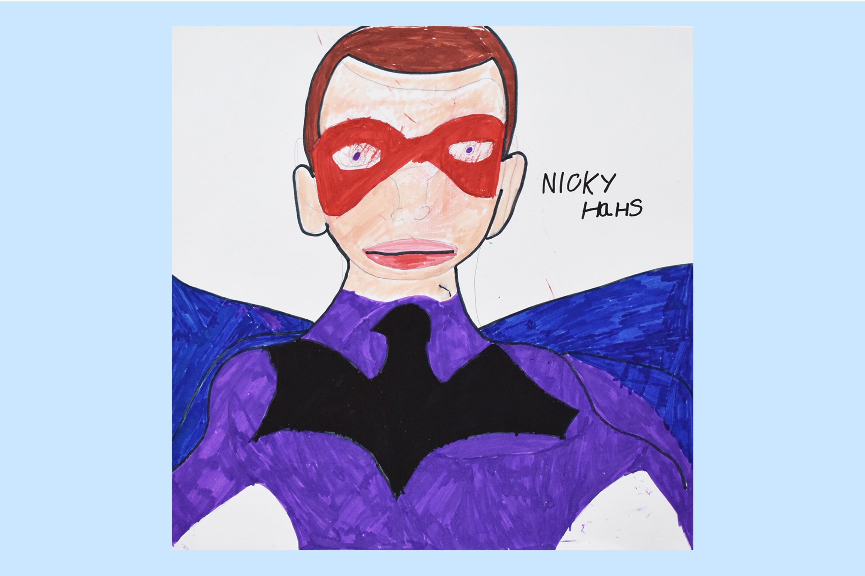 Image of a superhero wearing a red mask. The artists' name Nicky Harris is written to the right hand side.
