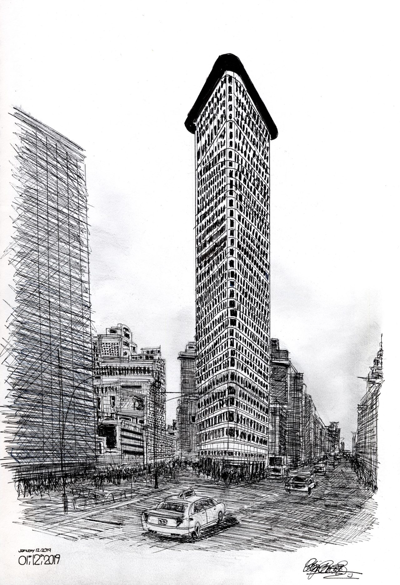 Black and white drawing of the Flat Iron tower in New York City.
