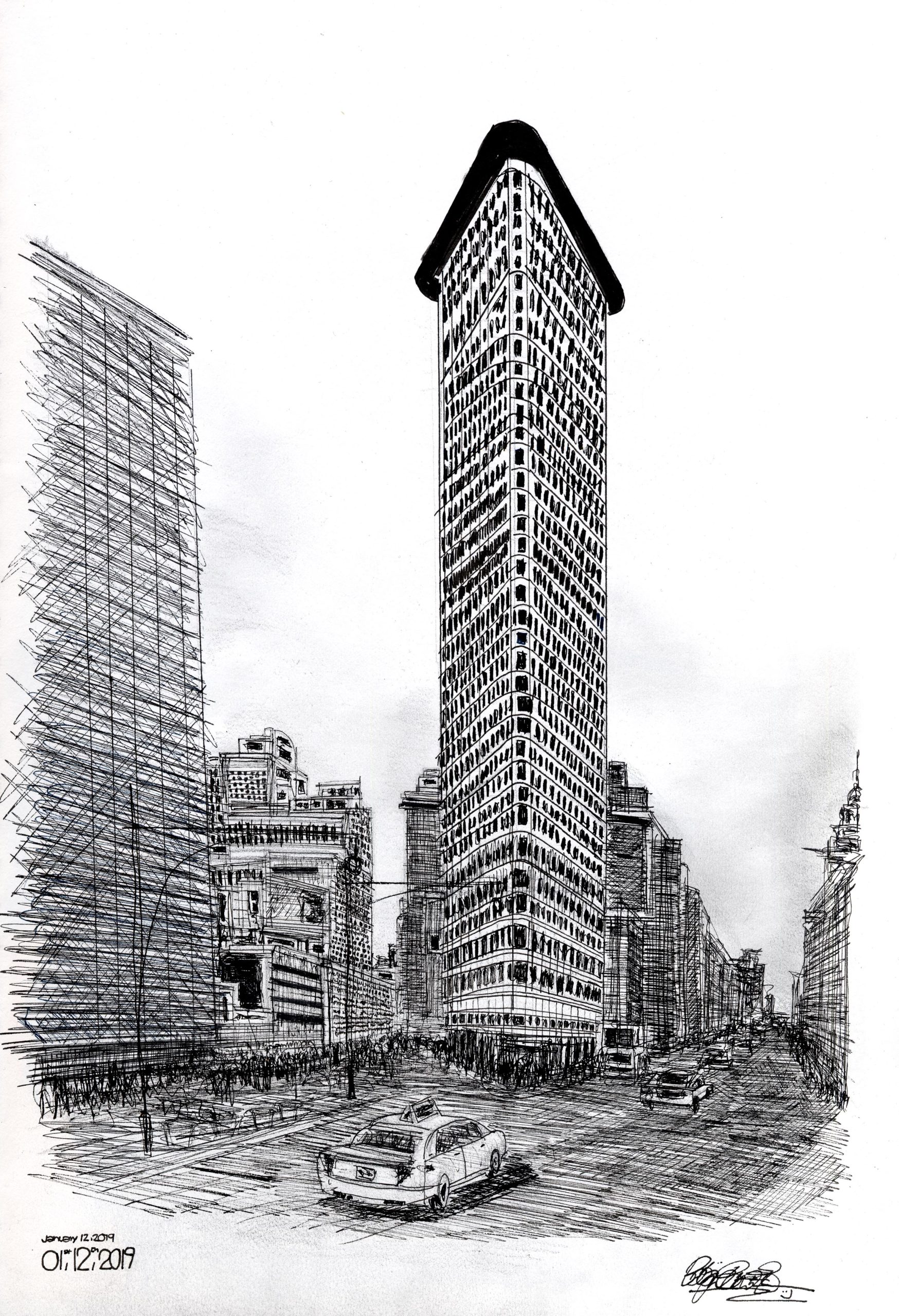 Black and white drawing of the Flat Iron tower in New York City.